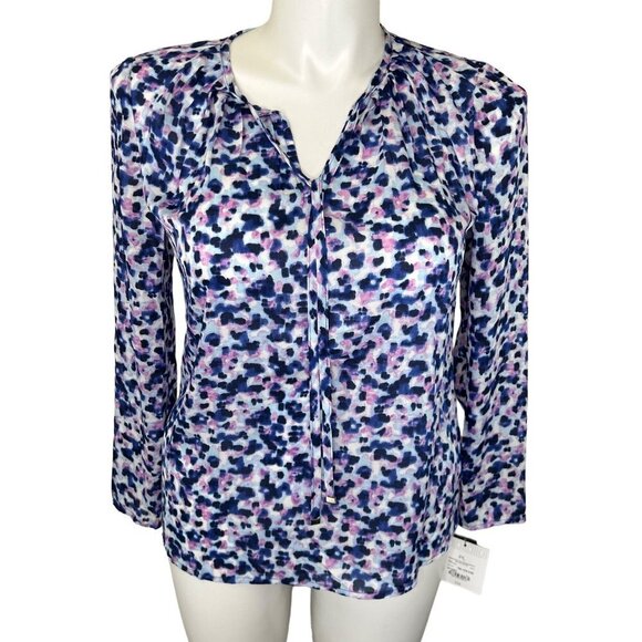 Liz Claiborne Tops - NWT LIZ CLAIBORNE BLUE & PINK FLORAL TIE FRONT TUNIC TOP - PETITE LARGE